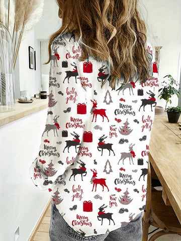Women's Fashionable Casual Christmas Random Print Curved Hem Blouse