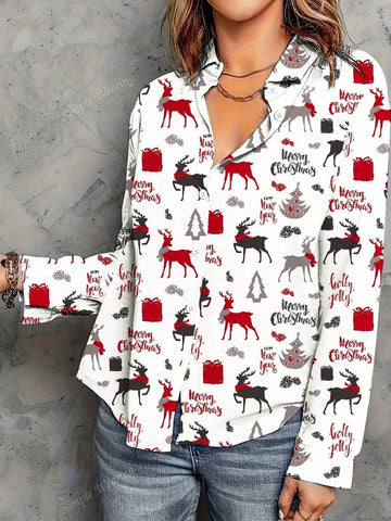 Women's Fashionable Casual Christmas Random Print Curved Hem Blouse