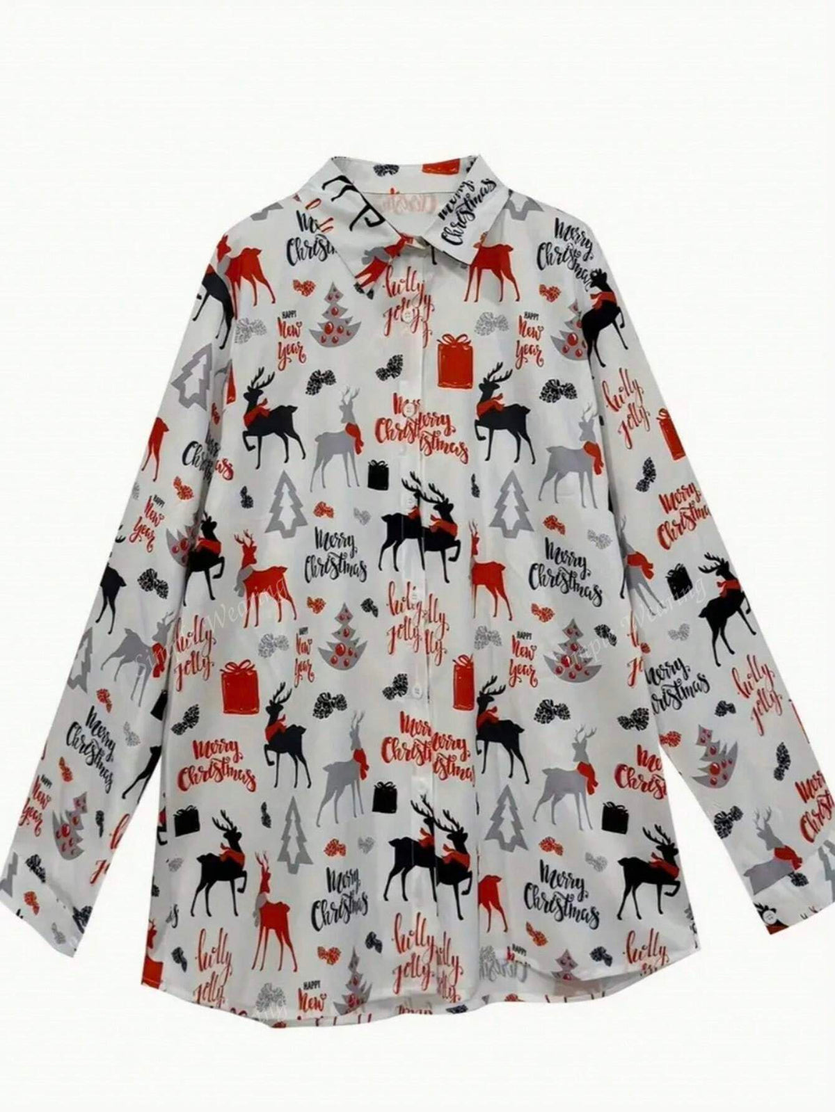 Women's Fashionable Casual Christmas Random Print Curved Hem Blouse