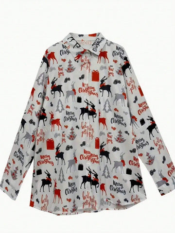 Women's Fashionable Casual Christmas Random Print Curved Hem Blouse