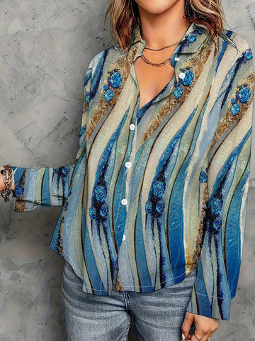 Women's Fashionable Casual Printed Long Sleeve Turn-Down Collar Loose Skin-Friendly Shirt