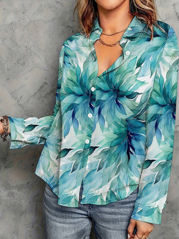 Women's Fashionable Casual Printed Long Sleeve Turn-Down Collar Loose Skin-Friendly Shirt