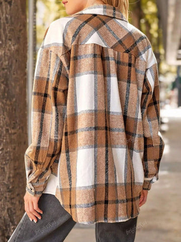 Women's Fashionable Checkered Button-Up Long Sleeve Shirt For Autumn