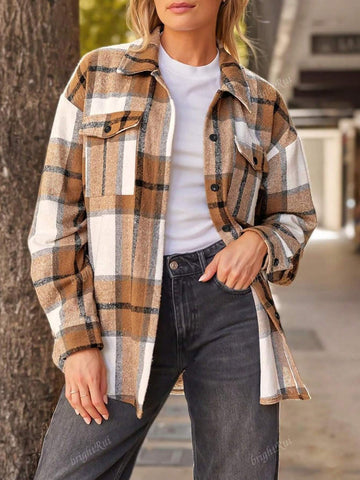 Women's Fashionable Checkered Button-Up Long Sleeve Shirt For Autumn