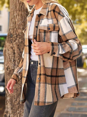 Women's Fashionable Checkered Button-Up Long Sleeve Shirt For Autumn