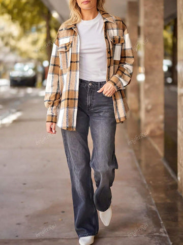Women's Fashionable Checkered Button-Up Long Sleeve Shirt For Autumn