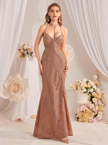 Women's Fashionable Elegant Sequined Evening Dress With Spaghetti Straps And Backless Design