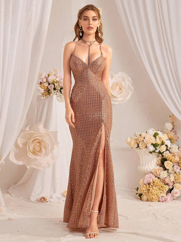 Women's Fashionable Elegant Sequined Evening Dress With Spaghetti Straps And Backless Design