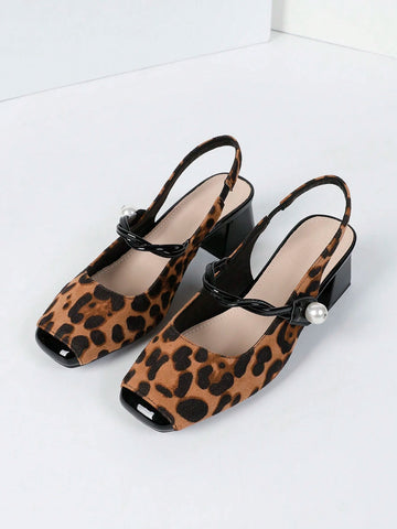 Women's Fashionable European & American Style Leopard Print Suede Square Toe Block Heels Bowknot Slip-On