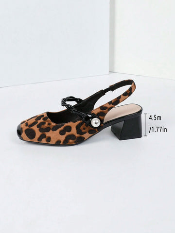 Women's Fashionable European & American Style Leopard Print Suede Square Toe Block Heels Bowknot Slip-On
