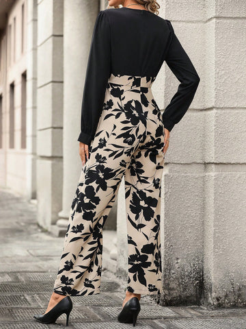 Women's Fashionable Floral Print Long Sleeve Jumpsuit