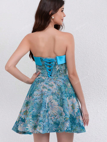 Women's Fashionable Floral Satin Fabric Strapless Swing Cocktail Dress For Party, Semi Formal Dress