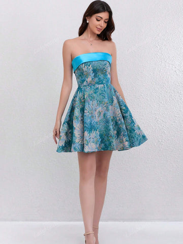 Women's Fashionable Floral Satin Fabric Strapless Swing Cocktail Dress For Party, Semi Formal Dress