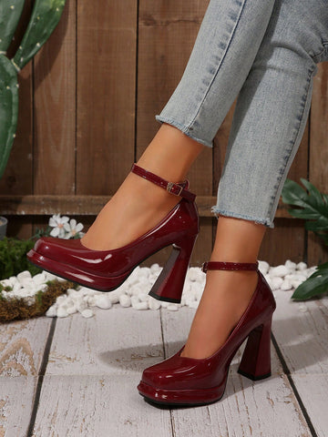 Women's Fashionable Glossy Burgundy Square Toe Chunky High Heel Platform Pumps -