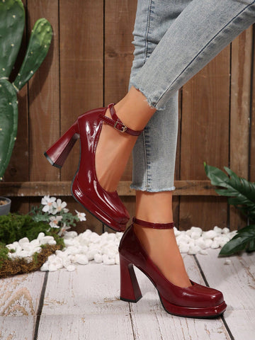 Women's Fashionable Glossy Burgundy Square Toe Chunky High Heel Platform Pumps -