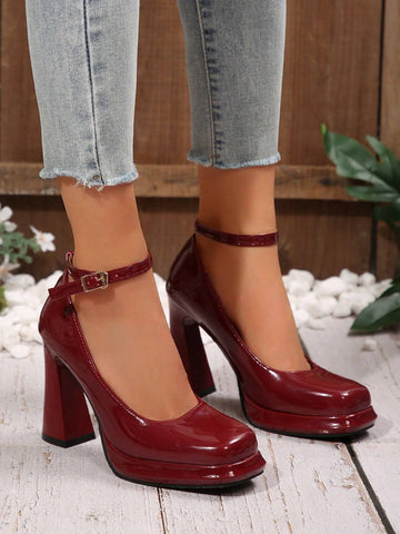 Women's Fashionable Glossy Burgundy Square Toe Chunky High Heel Platform Pumps -