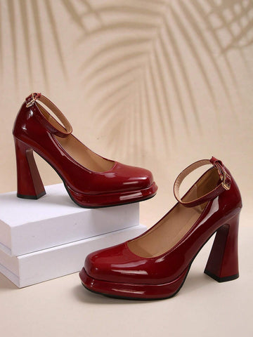 Women's Fashionable Glossy Burgundy Square Toe Chunky High Heel Platform Pumps -