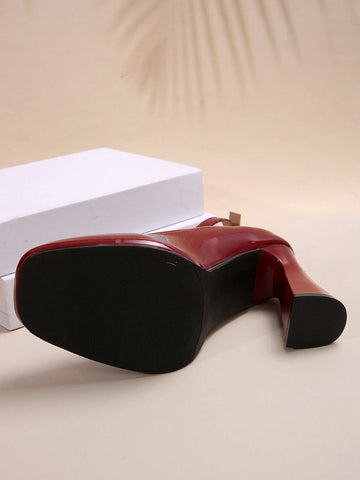 Women's Fashionable Glossy Burgundy Square Toe Chunky High Heel Platform Pumps -