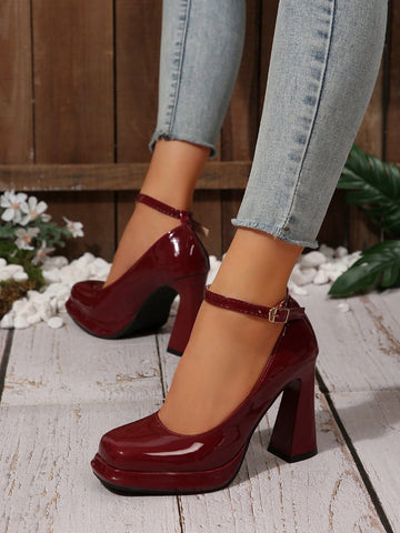 Women's Fashionable Glossy Burgundy Square Toe Chunky High Heel Platform Pumps -