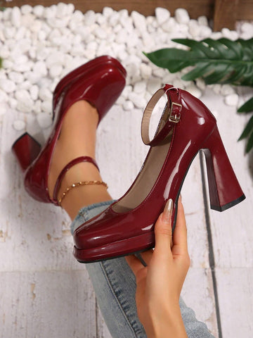 Women's Fashionable Glossy Burgundy Square Toe Chunky High Heel Platform Pumps -