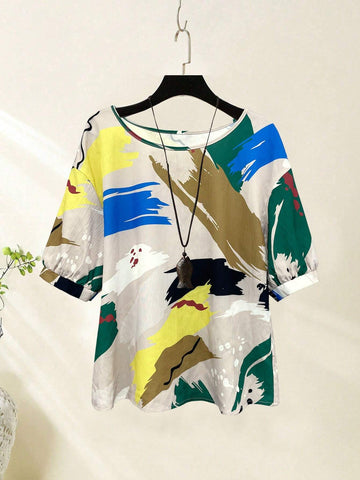 Women's Fashionable Graffiti Print Loose Short Sleeve Shirt, Summer