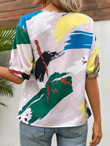 Women's Fashionable Graffiti Print Loose Short Sleeve Shirt, Summer