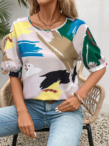 Women's Fashionable Graffiti Print Loose Short Sleeve Shirt, Summer