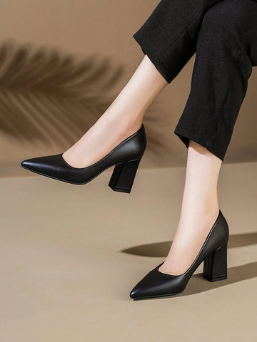 Women's Fashionable High Heel Pumps, Bridesmaids Shoes, Chunky Heels, Black, Sexy, Pointed-toe, Work Shoes
