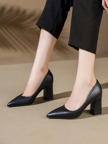 Women's Fashionable High Heel Pumps, Bridesmaids Shoes, Chunky Heels, Black, Sexy, Pointed-toe, Work Shoes