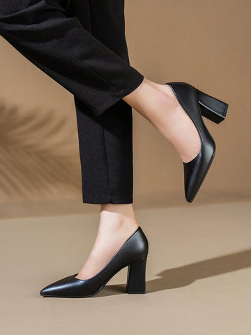 Women's Fashionable High Heel Pumps, Bridesmaids Shoes, Chunky Heels, Black, Sexy, Pointed-toe, Work Shoes