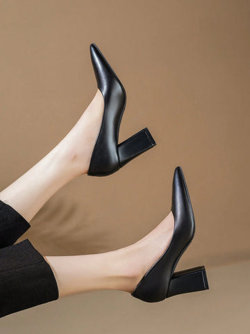 Women's Fashionable High Heel Pumps, Bridesmaids Shoes, Chunky Heels, Black, Sexy, Pointed-toe, Work Shoes