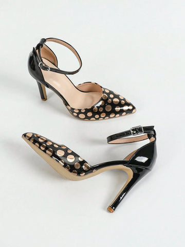 Women's Fashionable High Heel Shoes, Metal PU Leather Pointed Toe Pumps, Champagne Color Polka Dot Pattern