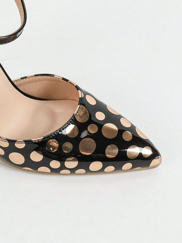 Women's Fashionable High Heel Shoes, Metal PU Leather Pointed Toe Pumps, Champagne Color Polka Dot Pattern