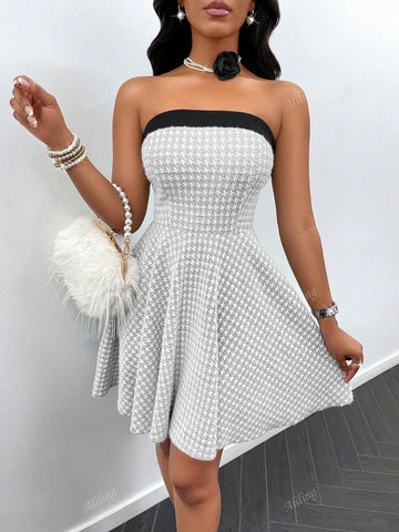 Women's Fashionable Houndstooth Textured Fabric Tube Top A-Line Dress