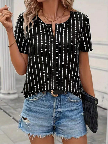 Women's Fashionable Printed Short Sleeve Shirt With Notched Collar, Summer