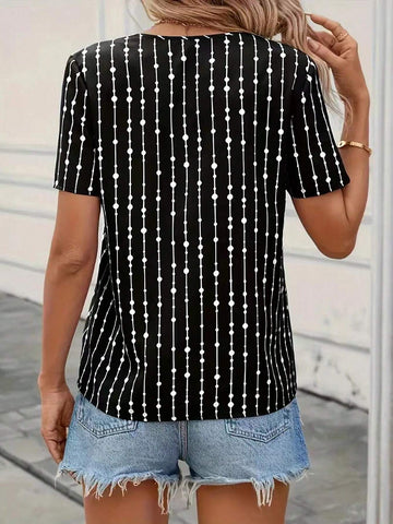Women's Fashionable Printed Short Sleeve Shirt With Notched Collar, Summer