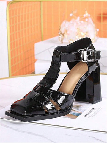 Women's Fashionable Retro Square Toe Woven One-Buckle Hollow-Out High