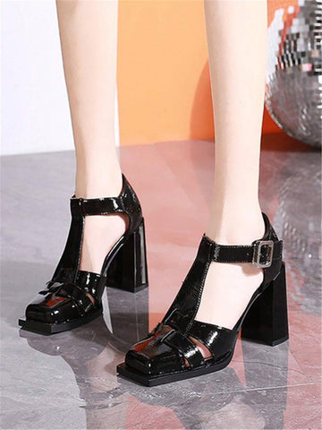 Women's Fashionable Retro Square Toe Woven One-Buckle Hollow-Out High