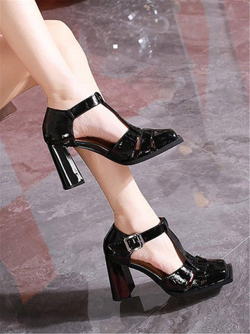 Women's Fashionable Retro Square Toe Woven One-Buckle Hollow-Out High