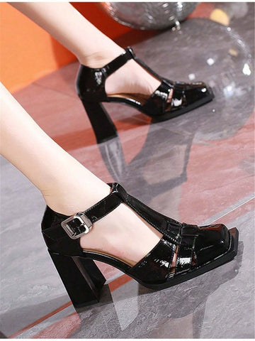 Women's Fashionable Retro Square Toe Woven One-Buckle Hollow-Out High