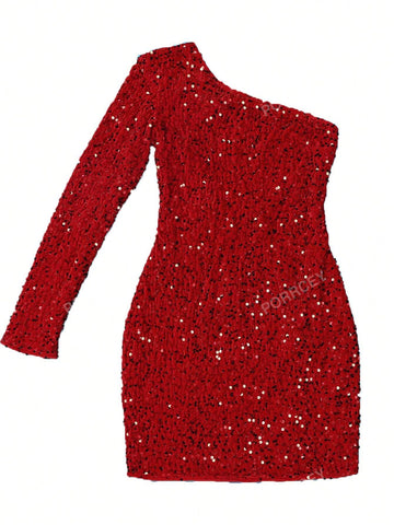 Women's Fashionable Sequined One-Shoulder Sexy Hip-Wrapped Hollow Strap Dress