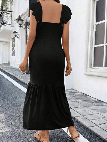Women's Fashionable Solid Color Split Short Sleeve Dress