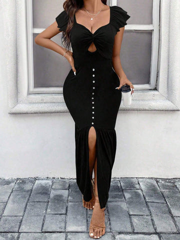 Women's Fashionable Solid Color Split Short Sleeve Dress