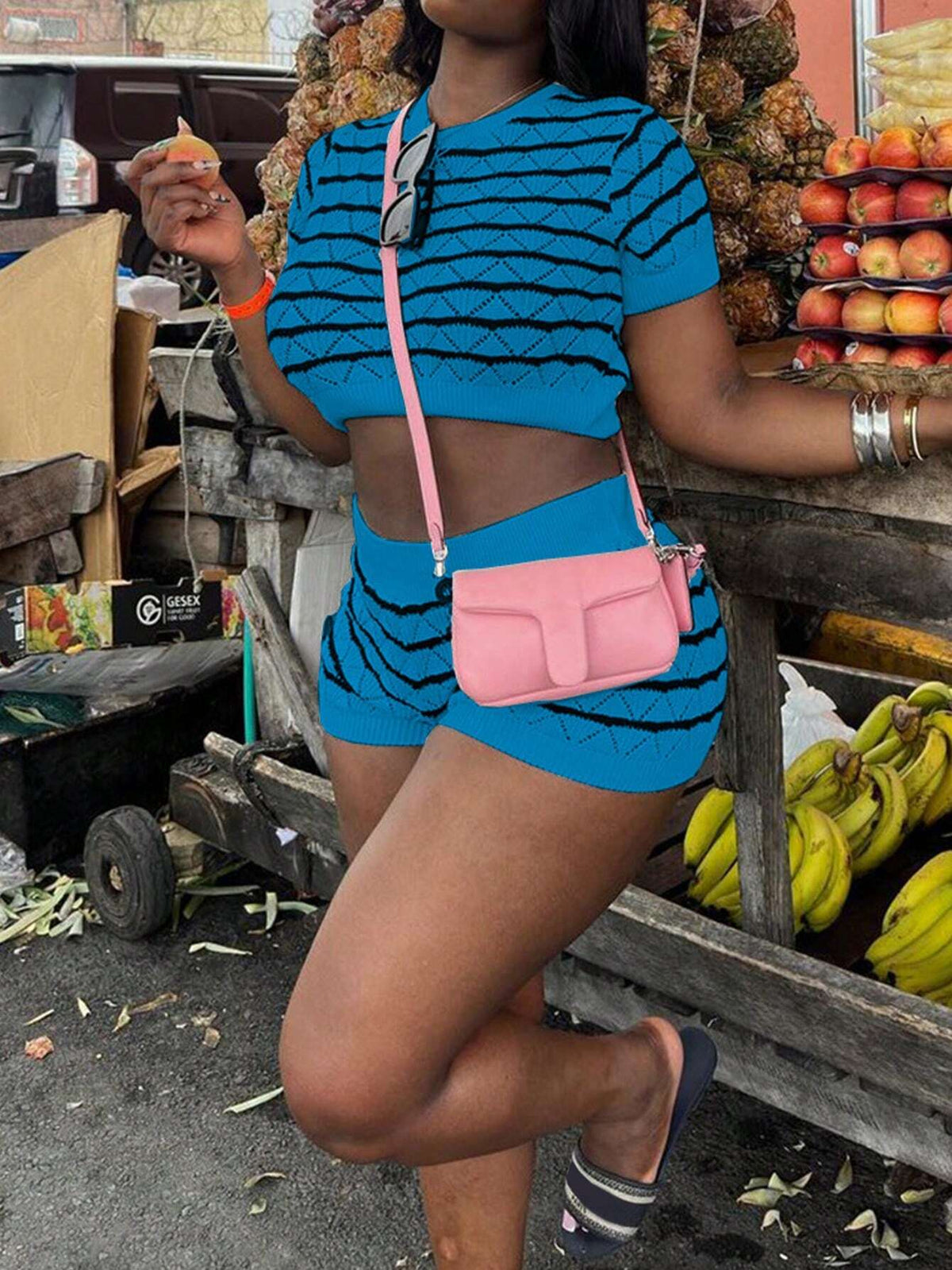 Women's Fashionable Striped Short Sleeve Top And Shorts Two Piece Set