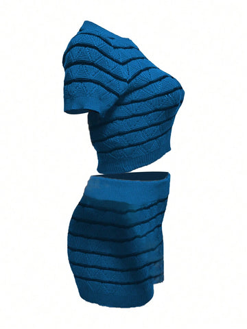 Women's Fashionable Striped Short Sleeve Top And Shorts Two Piece Set