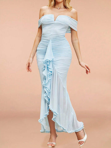 Women's Fashionable V-Neck Off Shoulder Mermaid Hem Formal Dress