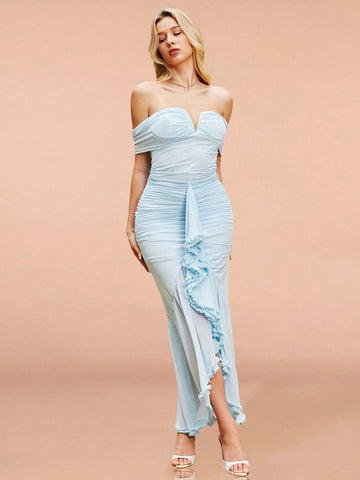 Women's Fashionable V-Neck Off Shoulder Mermaid Hem Formal Dress