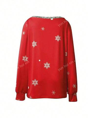 V-Neck Printed Long Sleeve Casual Top