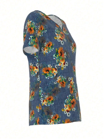 Women's Fashionable Vintage Elegant Printed Loose Short Sleeve Shirt