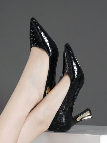 Women's Fashionable & Comfortable Black Check Pattern Slip-On High Heel Pumps